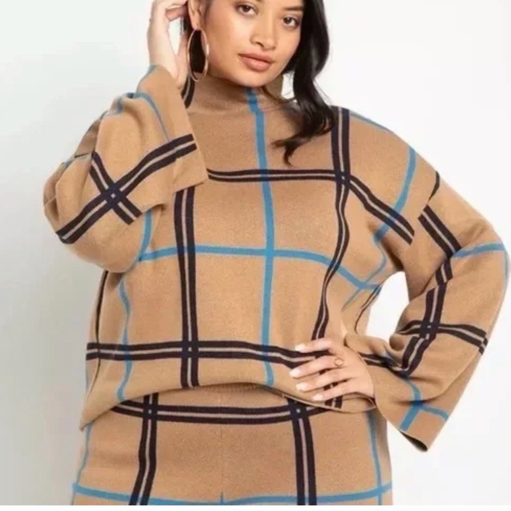 Eloquii Tan and Blue Knit Sweater